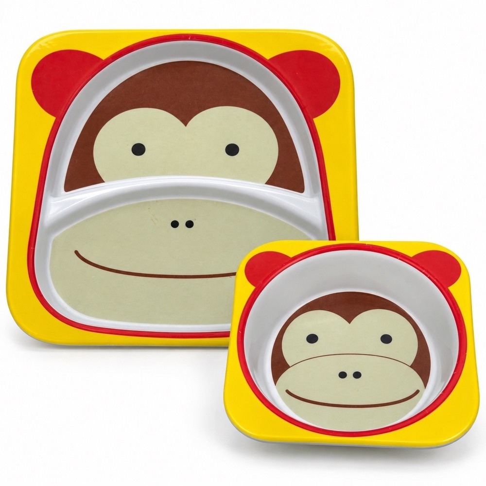 Skip Hop Zoo Monkey Toddler Melamine Divided Plate Bowl Set Kids 2 Pc